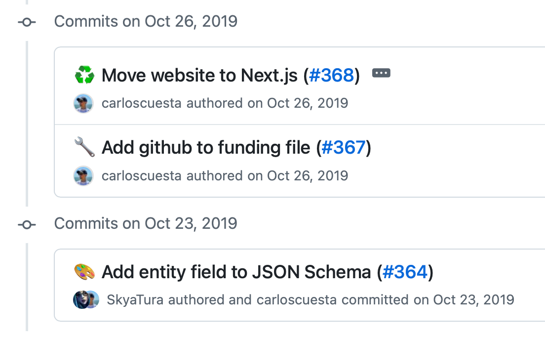 Three commits in a GitHub history. The first is “♻️ Move website to Next.js”. The second is “🔧 Add github to funding file”. The third is “🎨 Add entity field to JSON Schema”.