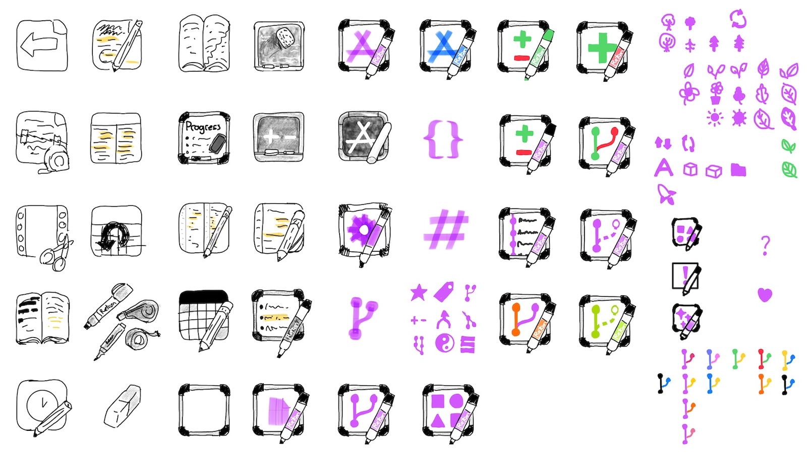 A series of rough sketches depicting various potential app icons: whiteboards, books, a calendar, etc, with different tools on top (a pen, a pencil, a marker, various erasers), and a bunch of miscellaneous symbols.