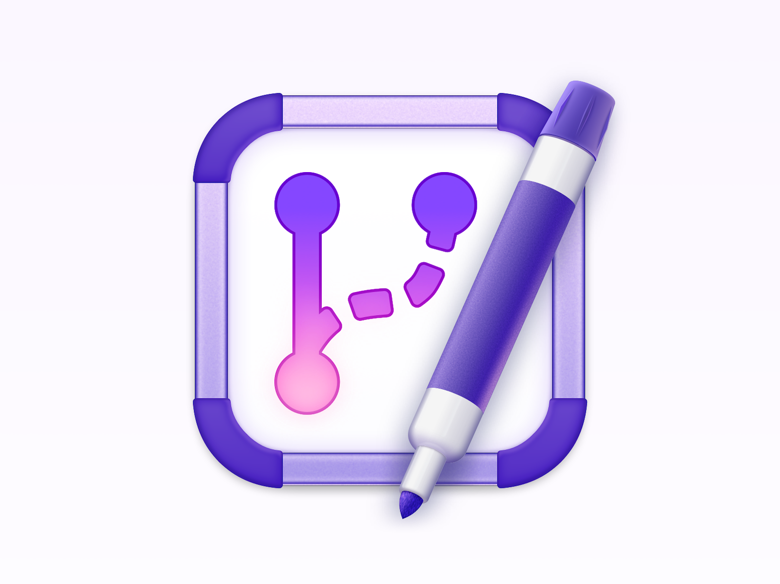 The app icon of macOS app Retcon. It depicts a small whiteboard, with a git branch symbol drawn on it. A marker is placed on top. The symbol, marker, and the corners of the board are purple.