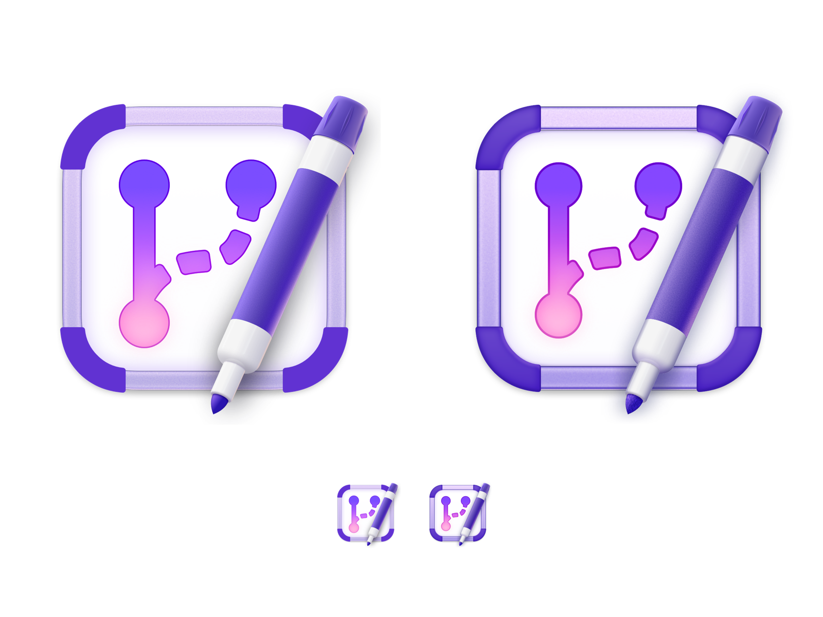 A comparison of two versions of the Retcon icon; each version is showed in full scale, and at a small scale. The version on the left has much finer features and details; its rendering is more subtle. The version on the right, however, is much nicer to look at from afar: its details remain visible, whereas the left version becomes muddy and hard to interpret when small.